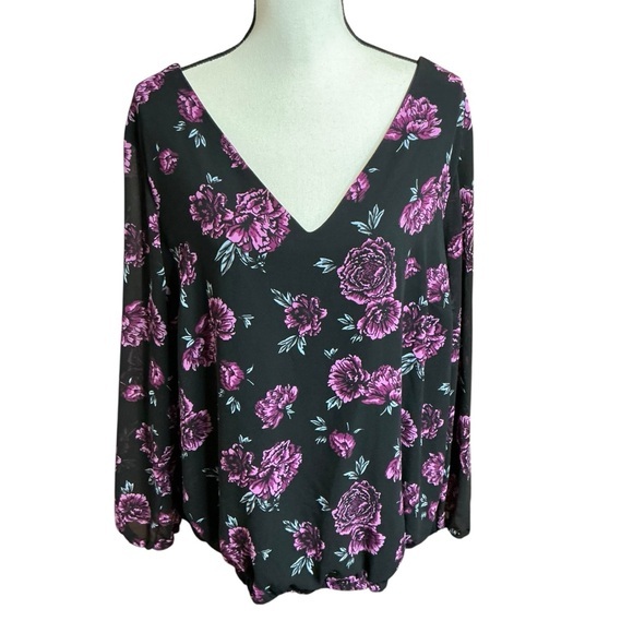 Torrid Floral Blouse Black and Purple Criss Cross Back V Neck Long Sleeve 2X - Picture 1 of 16